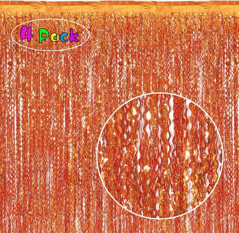KEEUH 4 Pack Orange Wavy Metallic Tinsel Foil Fringe Curtains | 3.3 ft x 6.6 ft Party Streamer Backdrop Photo Booth for Orange Basketball Party Decorations Holloween Christmas - Image 2